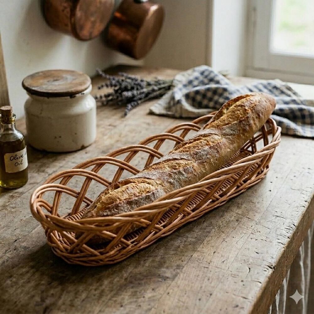 VINTAGE French Baguette Bread Wicker Basket Handmade Madeira Portugal Basket